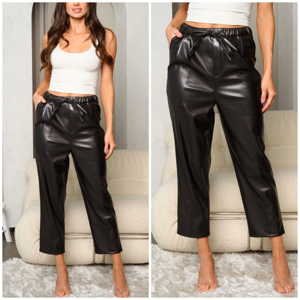 HYFVE Trendy Chic Black Pleather Straight Leg Pants - Picture 4 of 4